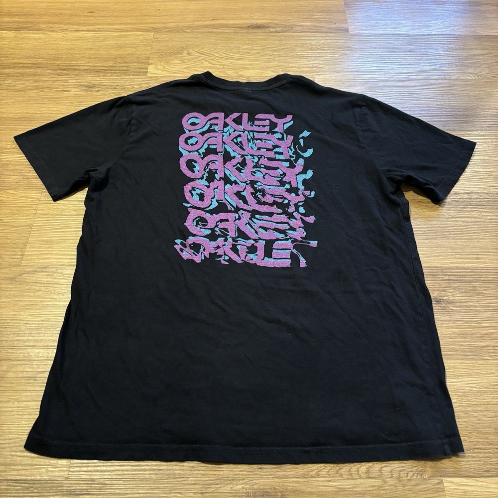 Vintage Oakley T-Shirt L Black Distorted Glitch Static Logo 2-Sided Graphic Y2K